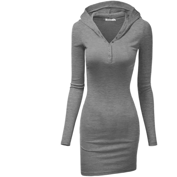 Heather gray hooded Henley dress cotton bodycon hoodie sheath button front cute - Picture 3 of 5